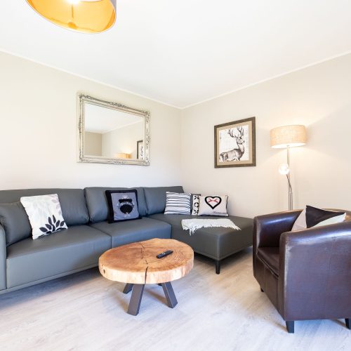 graues Sofa und dunkler Sessel in Ferienwohnung in Garmisch-Partenkirchen