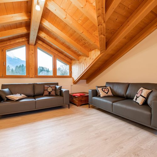 Wohnbereich mit zwei schwarzen Sofas in Ferienwohnung in Garmisch-Partenkirchen