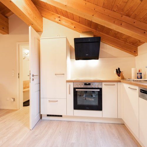 Küche mit Ofen und Herd in Ferienwohnung in Garmisch-Partenkirchen