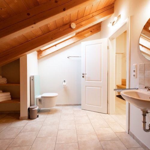 geräumiges Badezimmer mit Spiegel in Ferienwohnung in Garmisch-Partenkirchen