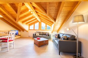 Wohnbereich mit Sofas und Tisch in Ferienwohnung in Garmisch-Partenkirchen