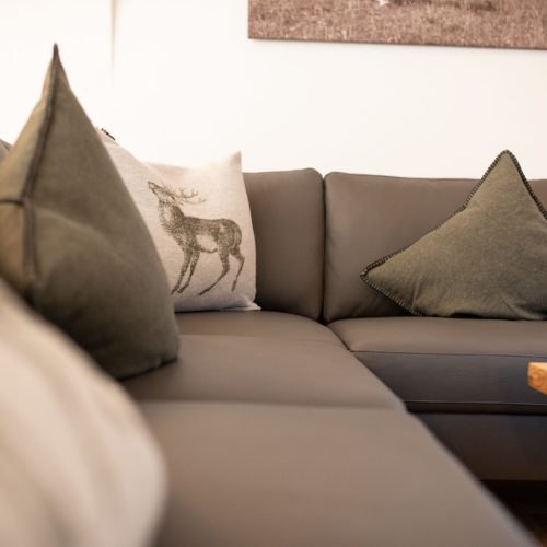 Sofa mit Hirschkissen in Ferienwohnung in Garmisch-Partenkirchen