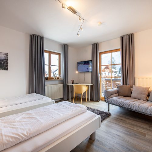 Wohnbereich mit zwei Einzelbetten und einem grauen Sofa und Fernseher in Ferienwohnung in Garmisch-Partenkirchen
