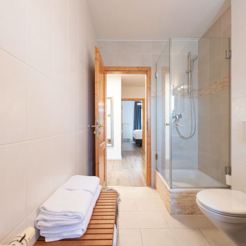 Badezimmer mit einer Dusche einer Toilette und einer Sitzmöglichkeit aus Holz in Ferienwohnung in Garmisch-Partenkirchen