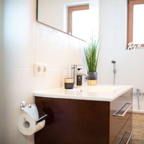 Badezimmer mit Waschbecken in dunkelbraun und einer Badewanne in Ferienwohnung in Garmisch-Partenkirchen