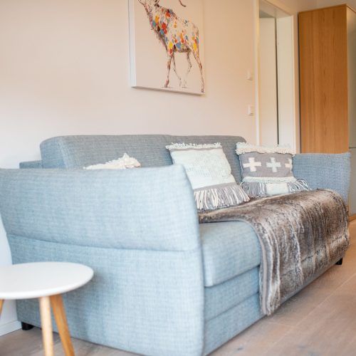 Blaues Sofa mit Beistelltisch in Ferienwohnung in Garmisch-Partenkirchen