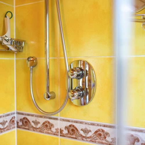 Dusche im rustikalem Badezimmer in Ferienwohnung in Garmisch-Partenkirchen