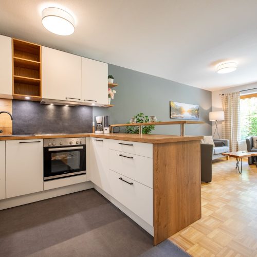 Küche und Wohnbereich mit Glaswänden in Ferienwohnung in Garmisch-Partenkirchen