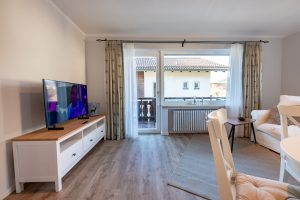 Blick aus den Wohnbereich auf Fernseher und Balkon