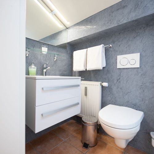 Badezimmer mit Waschbecken und Spiegel in Ferienwohnung in Garmisch-Partenkirchen