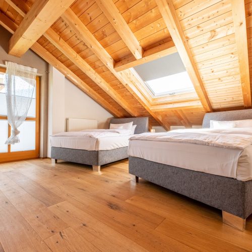 Schlafzimmer mit Sportgerät und zwei Betten in Ferienwohnung in Garmisch-Partenkirchen