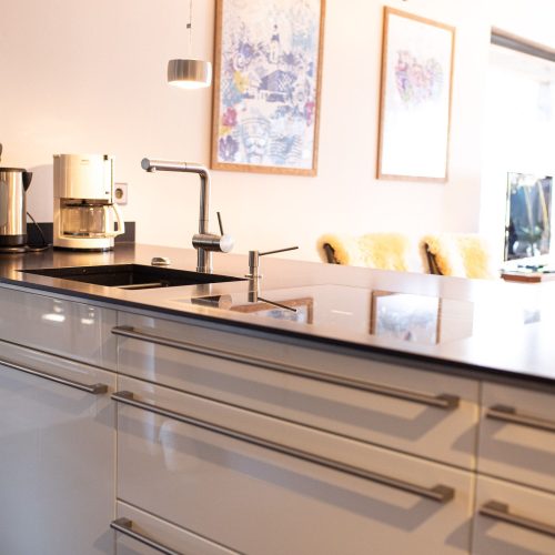 Küche mit Spülbecken und Herdplatte in Ferienwohnung in Garmisch-Partenkirchen