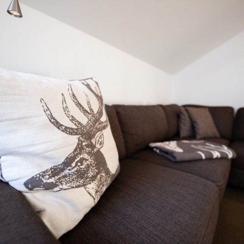 Sofa mit Kissen und Tagesdecke in Ferienwohnung in Garmisch-Partenkirchen
