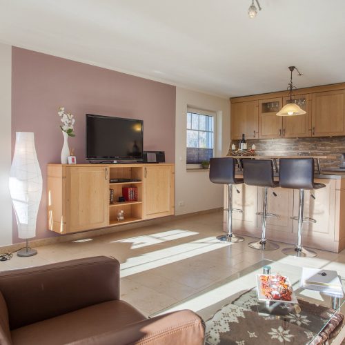 Wohnbereich mit Küche und Sofa in Ferienwohnung in Garmisch-Partenkirchen