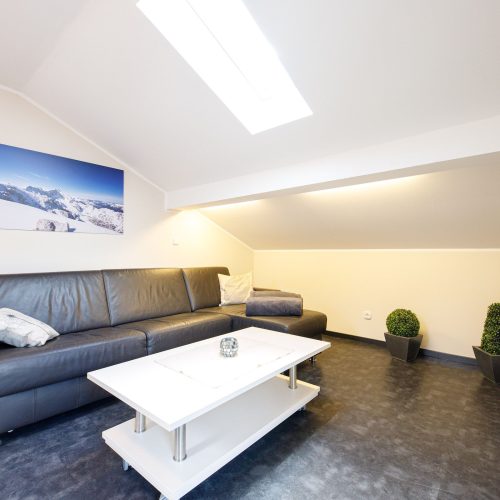 Wohnzimmer mit zwei Pflanzen und einem Bild in Ferienwohnung in Garmisch-Partenkirchen