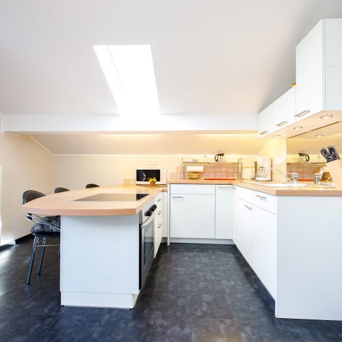Küche in weiß mit dunklem Fußboden in Ferienwohnung in Garmisch-Partenkirchen
