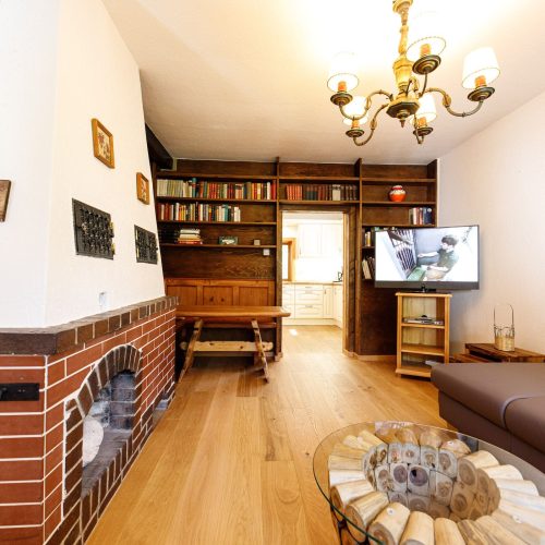 Wohnzimmer mit Bücherregal und Sofa in Ferienwohnung in Garmisch-Partenkirchen