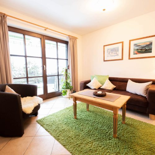 Sofa mit Kissen und Sessel in Ferienwohnung in Garmisch-Partenkirchen