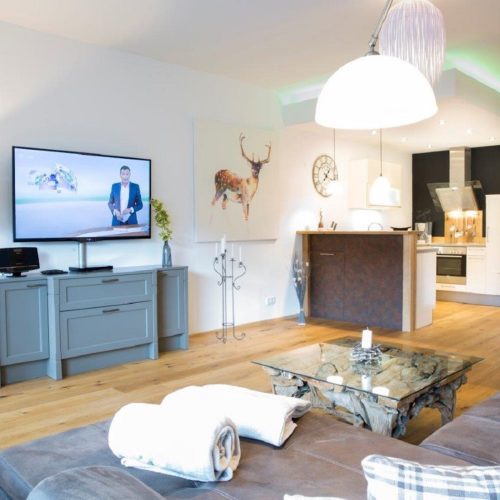 Wohnzimmer mit Sofa und Fernseher in Ferienwohnung in Garmisch-Partenkirchen