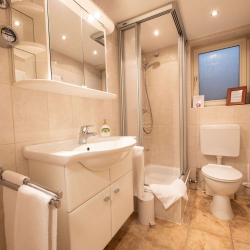 Badezimmer mit Dusche und Spiegel in Ferienwohnung in Garmisch-Partenkirchen