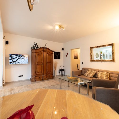 Wohnzimmer mit Fernseher und Sofa in Ferienwohnung in Garmisch-Partenkirchen