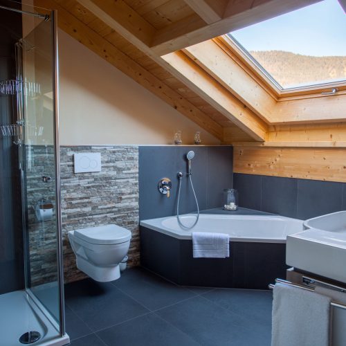 schwarze Fliesen und Dusche in Ferienwohnung in Garmisch-Partenkirchen