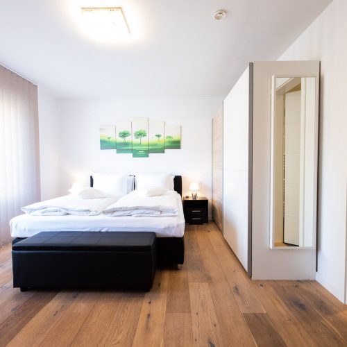 Schlafzimmer mit mit einem großen Kleiderschrank und einem Zugang zum Badezimmer in Ferienwohnung in Garmisch-Partenkirchen