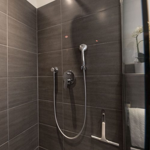 dunkle Dusche mit einem runden Duschkopf in Ferienwohnung in Garmisch-Partenkirchen
