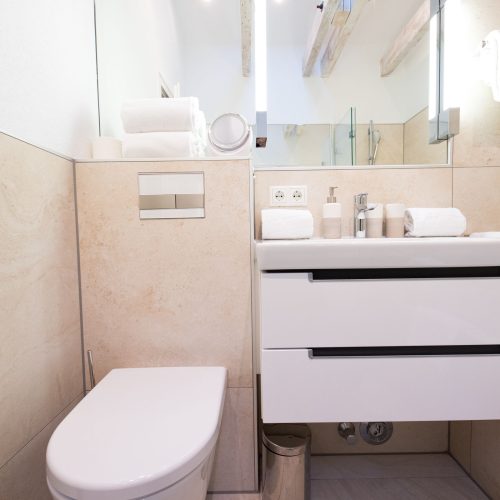 Badezimmer mit weißem Waschbecken in Ferienwohnung in Garmisch-Partenkirchen