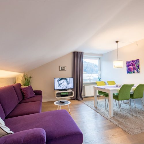 Wohnzimmer in grün und Lila in Ferienwohnung in Garmisch-Partenkirchen