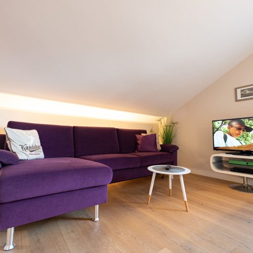 Sofa mit Fernseher und kleinem Tisch in Ferienwohnung in Garmisch-Partenkirchen