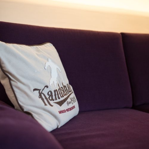Lila Sofa mit Kissen in Ferienwohnung in Garmisch-Partenkirchen