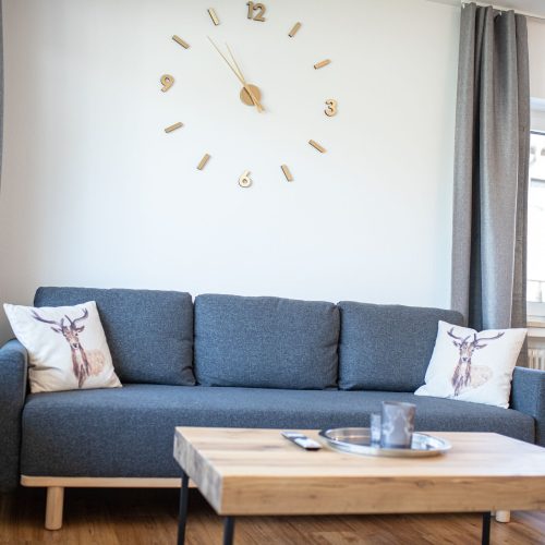 graues Sofa mit Uhr in Ferienwohnung in Garmisch-Partenkirchen