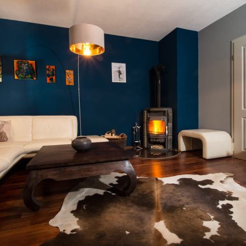 Wohnzimmer mit dunkel blauer Wand in Ferienwohnung in Garmisch-Partenkirchen