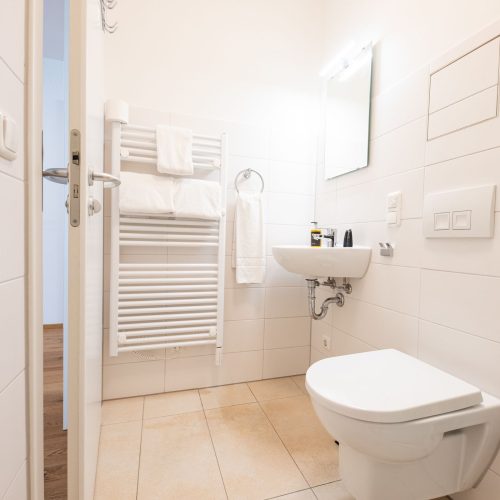 Badezimmer mit einer weißen Toilette in Ferienwohnung in Garmisch-Partenkirchen