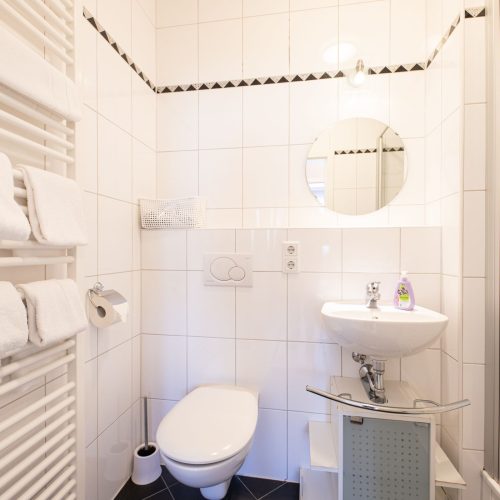 Badezimmer mit Dusche und Spiegel in Ferienwohnung in Garmisch-Partenkirchen