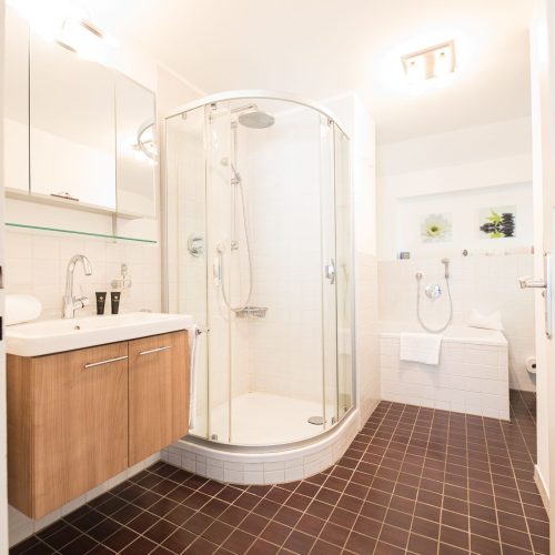 Badezimmer mit einer Regendusche in Ferienwohnung in Garmisch-Partenkirchen