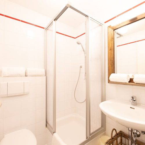 Badezimmer mit einem Holzspiegel in Ferienwohnung in Garmisch-Partenkirchen