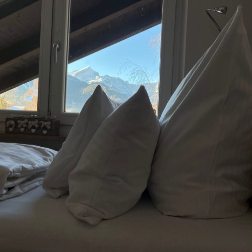 Einzelbett mit einem tollen Blick auf die Berge in Ferienwohnung in Garmisch-Partenkirchen