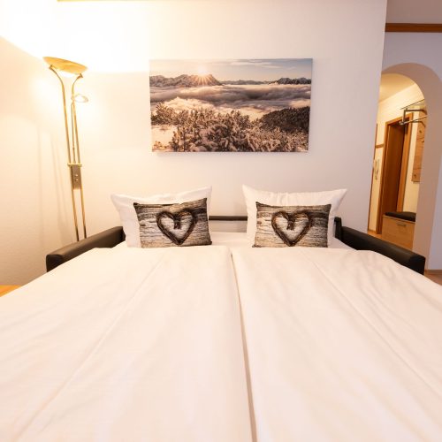 Schlafsofa mit einer großen Stehlampe in Ferienwohnung in Garmisch-Partenkirchen