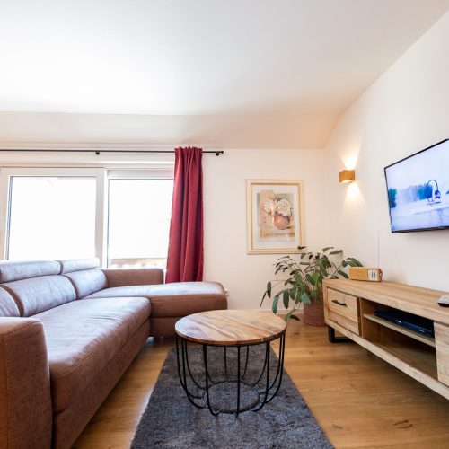 Wohnzimmer mit grauem Teppich in Ferienwohnung in Garmisch-Partenkirchen