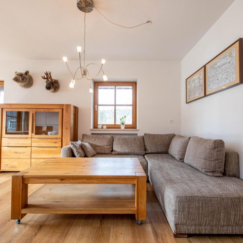 Graues Sofa mit Holztisch in Ferienwohnung in Garmisch-Partenkirchen