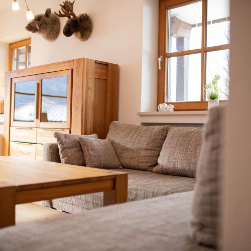 Sofa mit Couchtisch und Holzschrank in Ferienwohnung in Garmisch-Partenkirchen
