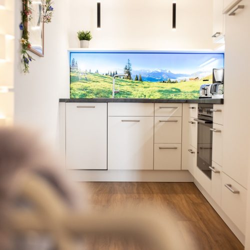 Küchenzeile mit beleuchtetem Bild in Ferienwohnung in Garmisch-Patenkirchen