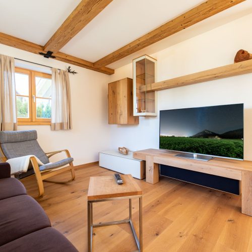 Wohnzimmer mit gemütlichem Sofa und Fernseher in Ferienwohnung in Garmisch-Partenkirchen