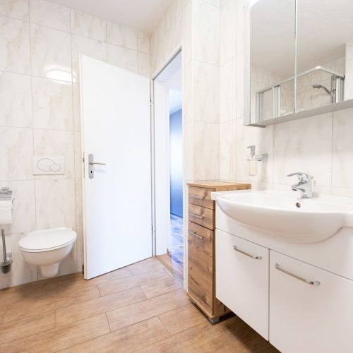 Helles Badezimmer mit Waschbecken, Toilette und Dusche in Ferienwohnung in Garmisch-Patenkirchen